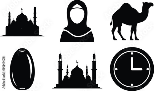 Iconic symbols representing cultural and religious elements of the middle east