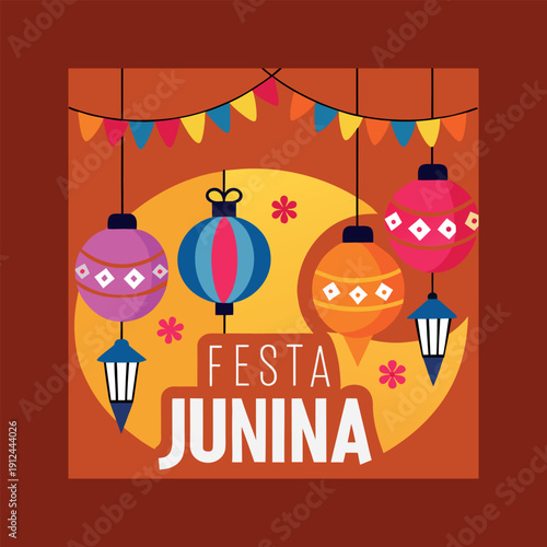 A lively illustration for festa junina, featuring colorful lanterns, patterned flags, and festive elements.