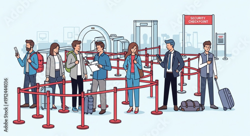 People waiting in line at airport security check.