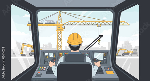 Construction Crane Operator in Control Cabin Overseeing Site Operations