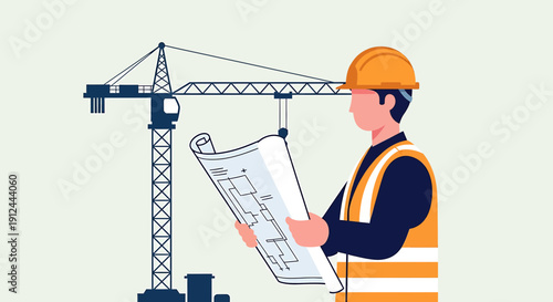 Construction worker with blueprint and crane, engineering planning and analysis