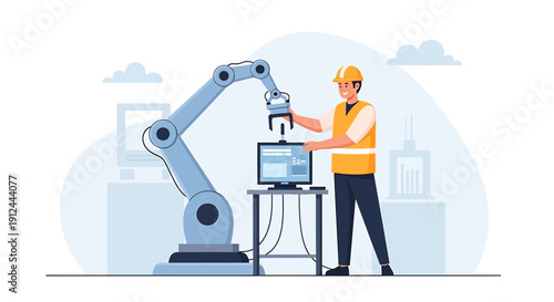 Engineer with Robotic Arm and Computer in Modern Factory Setting