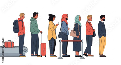 Diverse group of people standing in a queue waiting patiently.