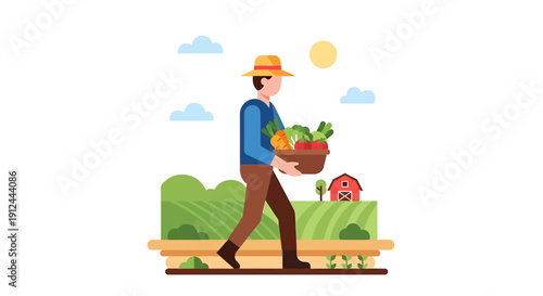 Farmer Carrying Basket of Fresh Vegetables Harvested from Organic Farm