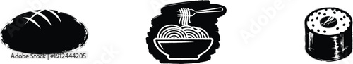 Bakery and Asian Cuisine Icon Set with Bakery Bread, Pasta Dish and Sushi Roll