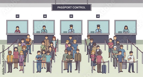 People queuing at passport control immigration desk at airport.