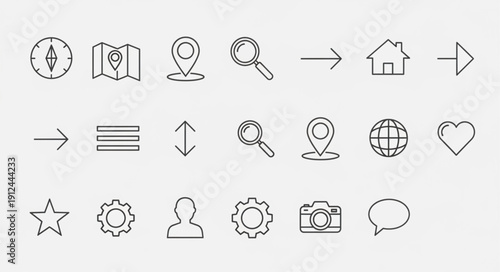 Collection of simple outline icons for web and mobile applications.