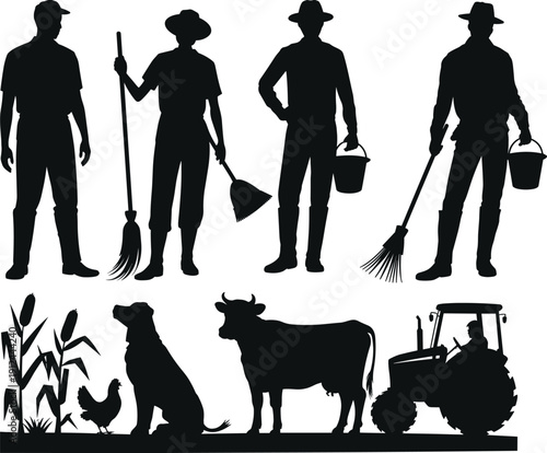 Farmers and livestock silhouette set vector illustration, rural agriculture workers with tools animals tractor countryside farming black and white graphic collection