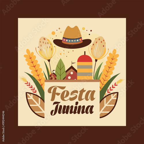 Vibrant illustration celebrating festa junina with traditional elements like a straw hat, wheat, and festive bonfire
