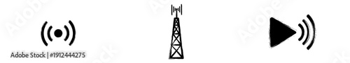 Broadcast Communication Icon Set with Radio Wave, Broadcasting Tower and Voice Message