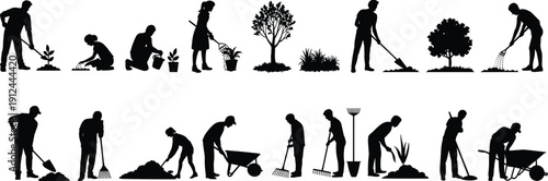 Garden worker silhouettes set with planting, watering, digging, raking, wheelbarrow and tree maintenance activities vector illustration isolated,