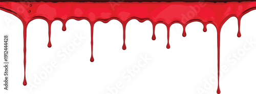 Red liquid dripping from an unseen source, creating a series of droplets against a stark background, viewed from a straightforward angle