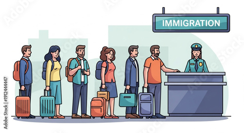 People queuing at immigration desk at airport for passport control.