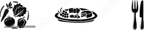 Healthy Food and Dining Icon Set with Fresh Vegetables, Food Platter and Dining Fork Knife