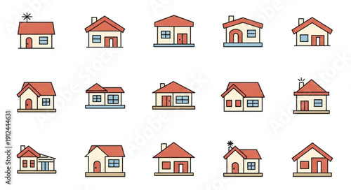 Collection of Small House Icons with Red Roofs.