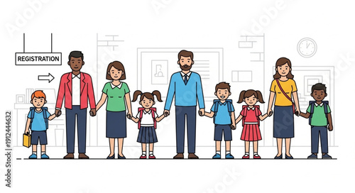 Diverse group of parents and children holding hands.