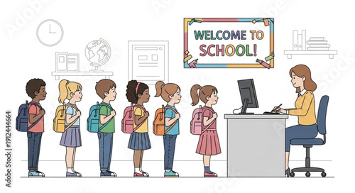 Children Line Up For School Registration With Teacher.