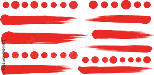 Dynamic red brush strokes and dots pattern on a clean background viewed from a straightforward perspective