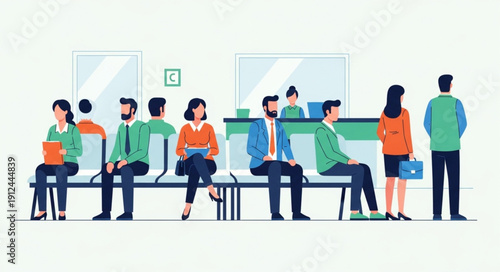 Diverse group of people waiting in a modern office lobby.