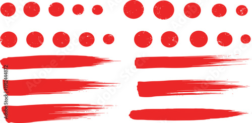Collection of red brush strokes and dots forming an abstract pattern from various viewpoints