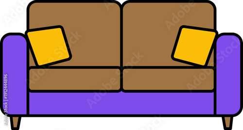 Modern brown sofa with purple armrests and yellow pillows icon