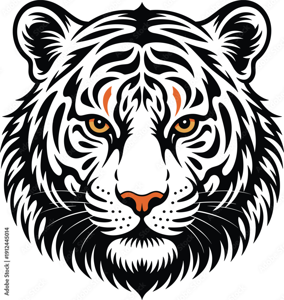 Obraz premium Fierce White Tiger Head Mascot Illustration Featuring Striking Orange Eyes and Bold Black Stripes for Sports Team Logo Gaming Identity and Wildlife Conservation Branding Vector Art