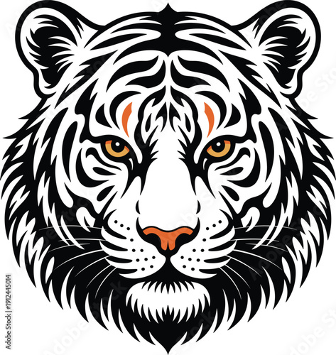 Fierce White Tiger Head Mascot Illustration Featuring Striking Orange Eyes and Bold Black Stripes for Sports Team Logo Gaming Identity and Wildlife Conservation Branding Vector Art