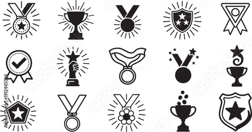  Winner award icons collection. Trophy, medal, badge with editable stroke
