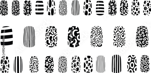 Collection of nail art designs featuring various patterns and textures displayed in a grid layout
