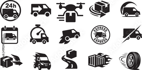 Fast shipping icon collection. Truck, van and 24 hour express delivery