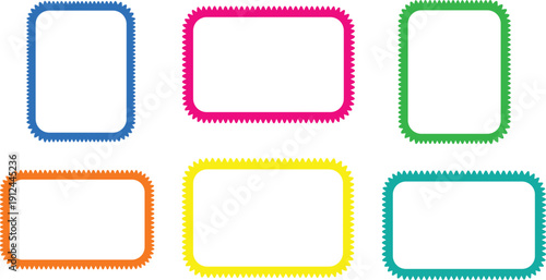 Collection of colorful rectangular frames with textured borders on a clean white background from a direct viewpoint