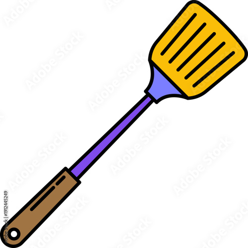 Modern yellow spatula with purple neck and brown handle icon