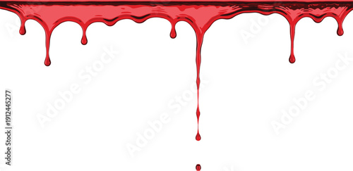 A close-up of red liquid dripping down from the top edge, forming droplets and splashing on a surface below, captured from a front viewpoint
