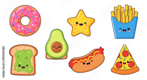 Cartoon Food Characters with Funny Faces.