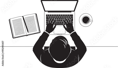 Top View Businessman Working on Laptop at Desk – Minimal Black and White Office Workspace Illustration