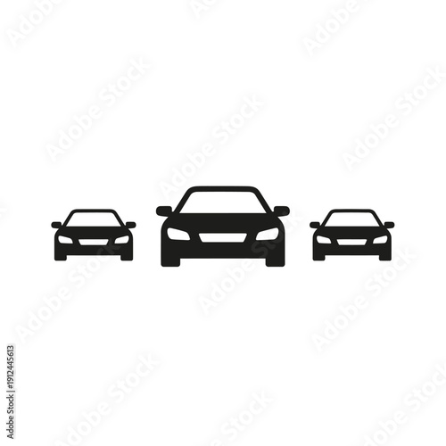 Silhouettes of three generic passenger cars in a row, symbolizing traffic flow, automotive industry, and transportation, isolated white background.