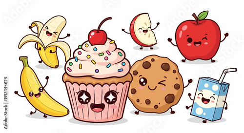 Cartoon Food Characters with Facial Expressions.