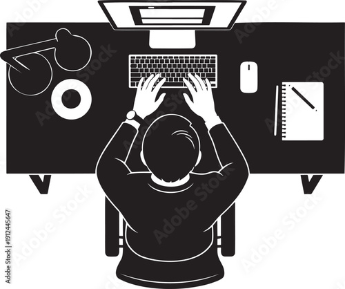 Top View Businessman Silhouette Working at Desk – Minimal Black and White Office Workspace Illustration