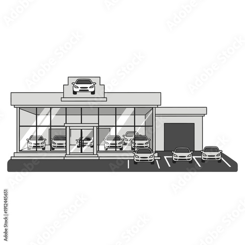 Modern car dealership building with new cars parked outside, representing automotive business and sales in a bright studio.