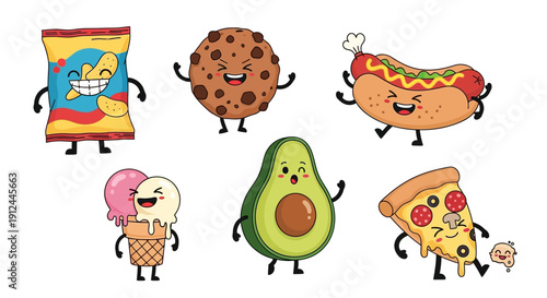 Cartoon Food Characters with Happy Faces.