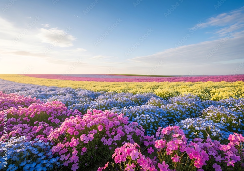 Fototapeta premium Vast Blooming Flower Field Under Wide Open Sky With Wispy Clouds Inspiring Landscape Scenes Of Nature And Growth