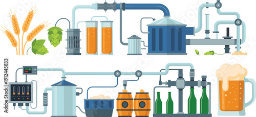 Beer production process with brewing equipment barley hops fermentation tanks bottling line and pipeline system flat vector illustration