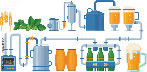 Beer brewing production line with fermentation tanks barley hops bottling system and pipeline equipment flat vector illustration