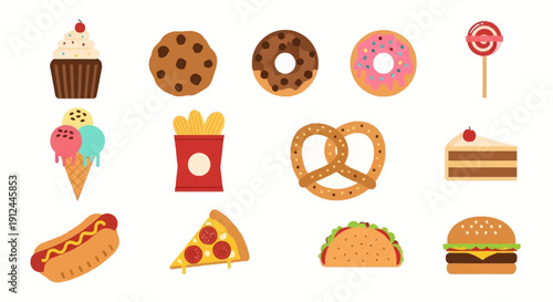 Assorted Colorful Food Items and Desserts Display.