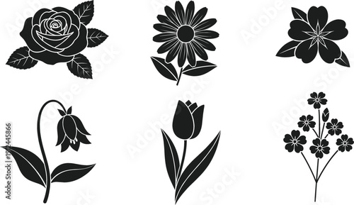 Black floral silhouette icon set with rose tulip daisy and botanical flowers vector illustration collection