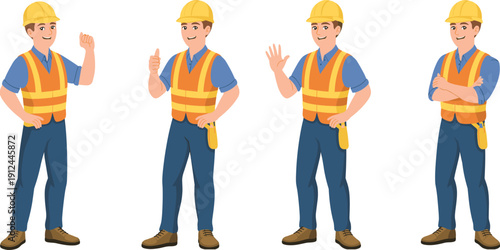 Construction worker character set showing different gestures wearing safety helmet and reflective vest isolated on white background vector illustration