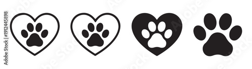 Pet love heart icons with paw prints for animal shelter branding and veterinary clinic logo design vector