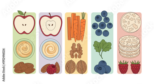 Assorted Fruits and Vegetables in Panels.