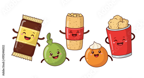 Cartoon Food Characters with Smiling Faces.