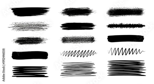black brush strokes and hand-drawn ink textures a versatile collection of grunge elements on white ideal for graphic design and artistic use.